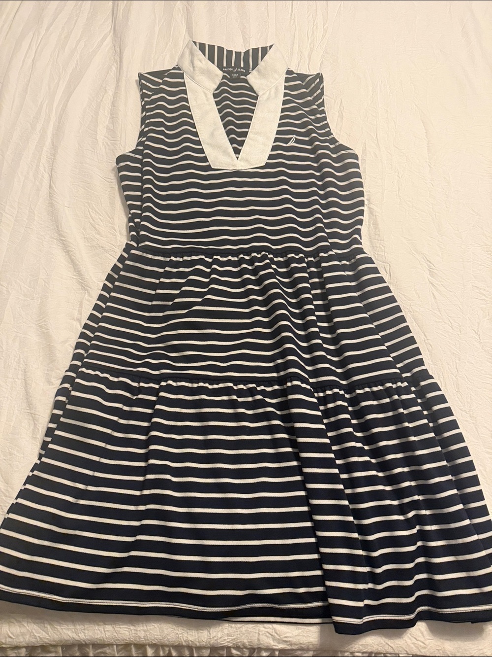 Nautica Navy and White Striped Sleeveless V-Neck Dress